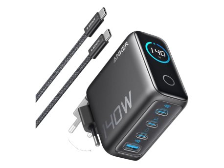 ANKER 140W zidni punjač 4-porta (3x USB-C, 1x USB-A) sa USB-C M/M pletenim kablom, tamno sivi