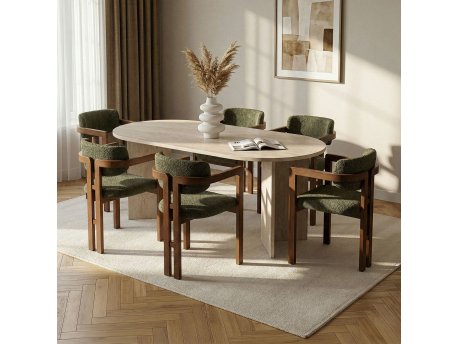 HANAH HOME Set Trpezarijski sto i 6 stolica Travertine Walnut Green