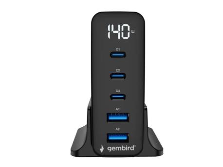 GEMBIRD TA-UC-2A3C-PD140-01-BK 5-port 140 W GaN USB fast charger, black