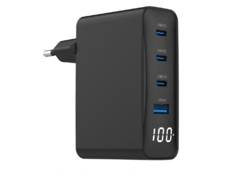 GEMBIRD TA-UC-PDQC100LCD-01-BK 4-port 100W GaN USB fast charger, LCD, black