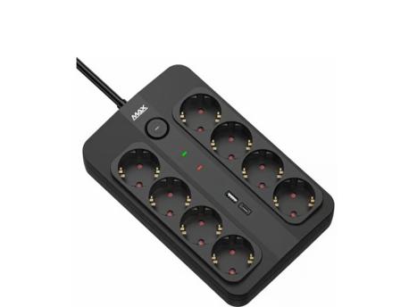 MAX Produžni kabl sa prenaponskom zaštitom sa 8 utičnica MPS-908SB-3M/3m/USB A & USB C port