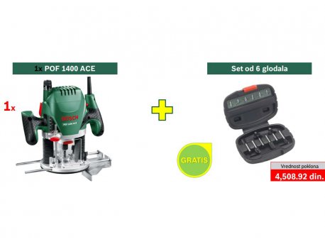 BOSCH zeleni alat POF 1400 ACE povrsinska glodalica i + set od 6 glodala GRATIS 060326C820