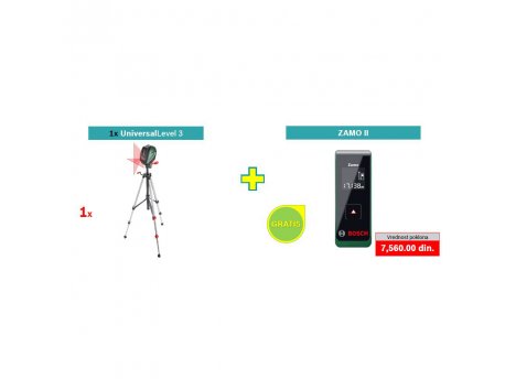 BOSCH zeleni alat UniversalLevel 3 linijski laser sa 3 linije sa stativom + poklon ZAMO II daljinomer