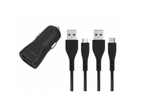 Energizer CAR CHARGER LW 2.4A 2USB+USB-C2.0 +Micro Cable Bk