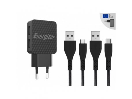 Energizer WALL CHARGER LW 2.4A 2USB EU+USB-C2.0+MCable Bk