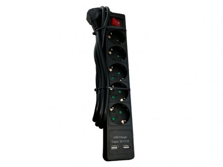 E-GREEN Naponski produžni Kabl, 5 x šuko + 2xUSB sa prekidacem i zaštitom, 2m, crni