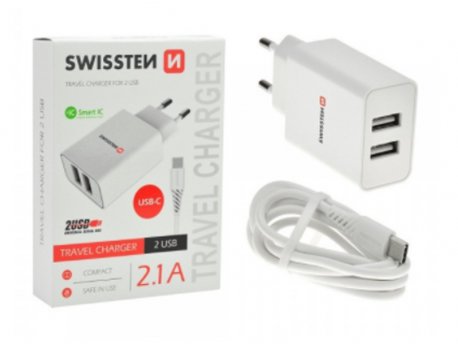 SWISSTEN Kućni Punjač 2.1A 2xUSB Type-C (Bela)